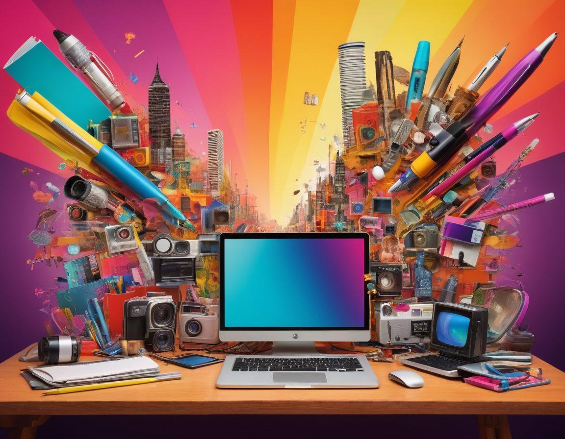 A colorful collage representing diverse adult blogging niches with a vibrant digital landscape in the background, featuring symbols of creativity like pens, cameras, and computers. Highlight elements of high-definition JAV, showcasing a playful blend of technology and personal expression. The atmosphere should be inviting and engaging, with elements of light and shadow to add depth. Graphic style: vibrant colors, digital art, modern aesthetic.