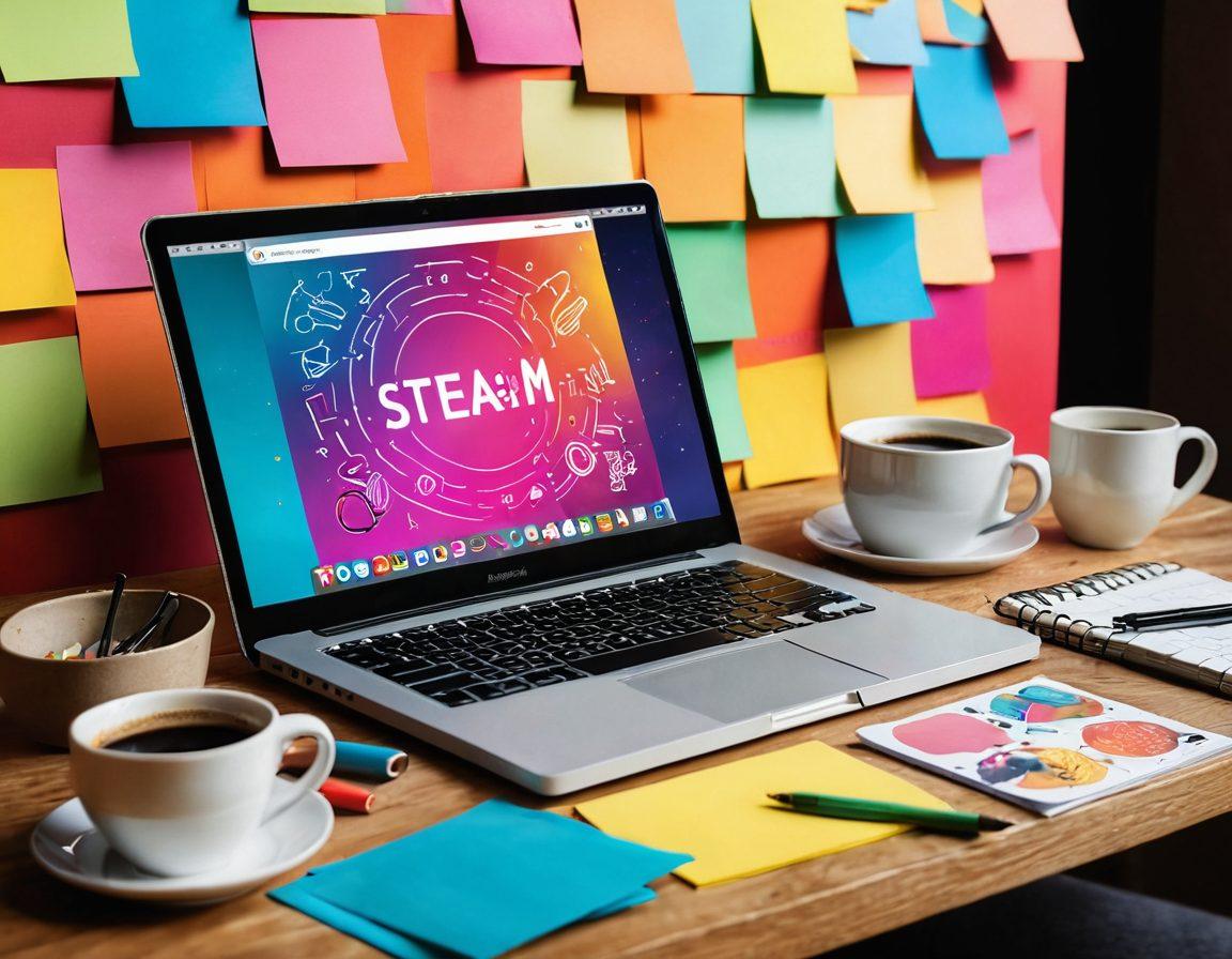 A vibrant digital diary interface, filled with engaging adult entertainment content, featuring a sleek laptop surrounded by colorful sticky notes and vibrant images. An inviting cup of coffee beside the laptop emits steam, symbolizing creativity and inspiration. In the background, abstract art representing the blogosphere swirls with diverse icons and arrows connecting various topics. The overall mood is modern, playful, and engaging. super-realistic. vibrant colors. 3D.