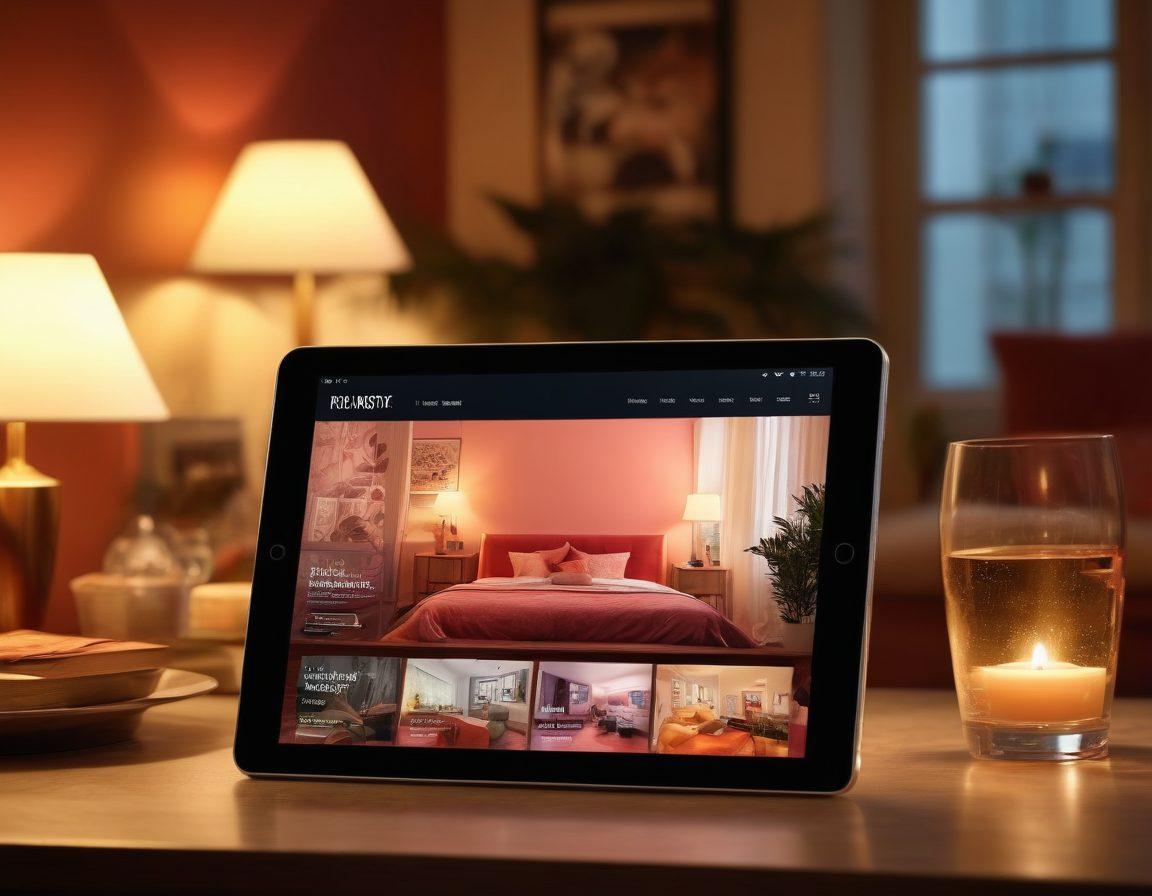 A visually captivating scene showcasing a high-definition adult blog interface on a sleek, modern tablet. Surrounding the tablet are vibrant illustrations of various engaging adult content genres, such as sensual photography, intimate storytelling, and immersive videos. The background features a soft glow that evokes a cozy and inviting atmosphere. Include elements like high-resolution images, elegant typography, and subtle hints of luxury. super-realistic. vibrant colors. modern aesthetic.